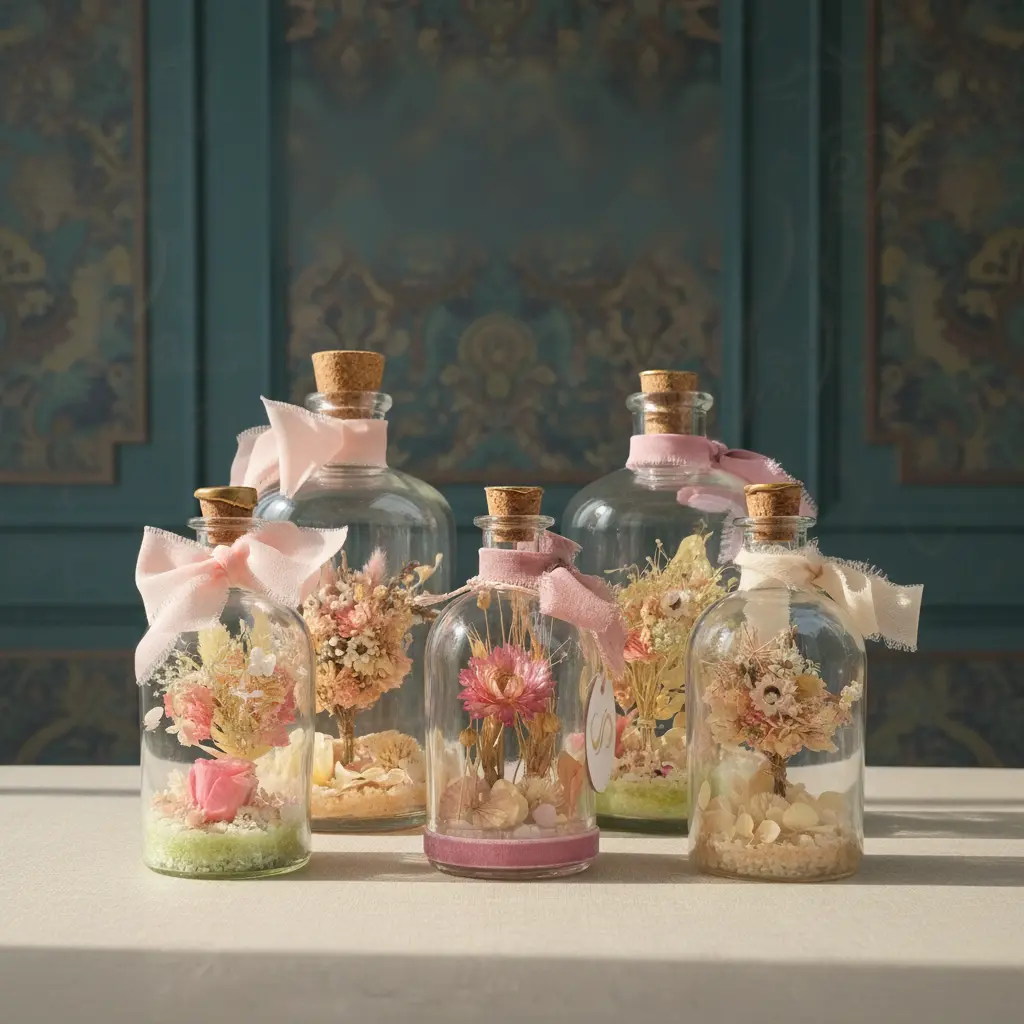 Botella decorativa artesanal con flores secas y preservadas